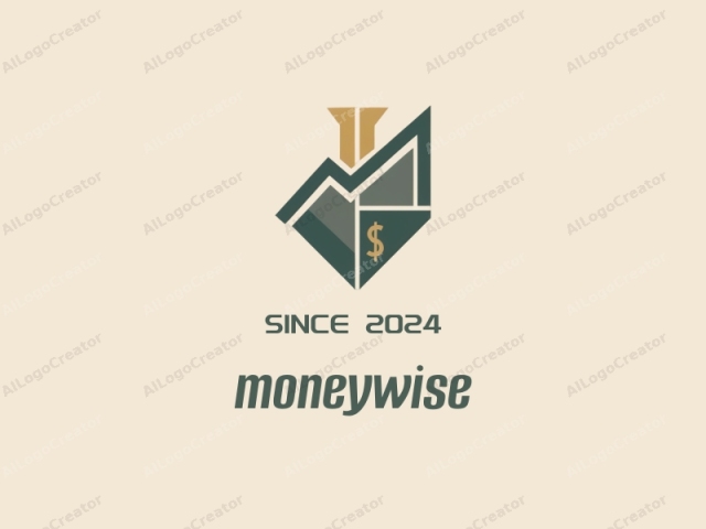 This is a minimalist, geometric logo design on a light beige background. The central motif features a stylized house or building shape composed of two distinct triangular sections. The top triangular section, pointing upwards, is in a dark green color. The bottom