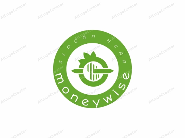 This is a minimalist, abstract logo design, featuring a central green circle within a white background. The circle is divided horizontally, with the top half displaying three vertical, green stripes, while the bottom half is blank. The circle is encircled