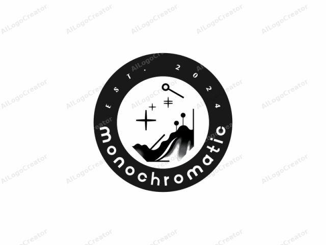 en un estilo geométrico y minimalista. La imagen del logo presenta un esquema de colores en blanco y negro, enfatizando la simplicidad y las líneas limpias. Está diseñado con un enfoque minimalista, utilizando solo formas y símbolos esenciales. En el centro, hay un texto estilizado