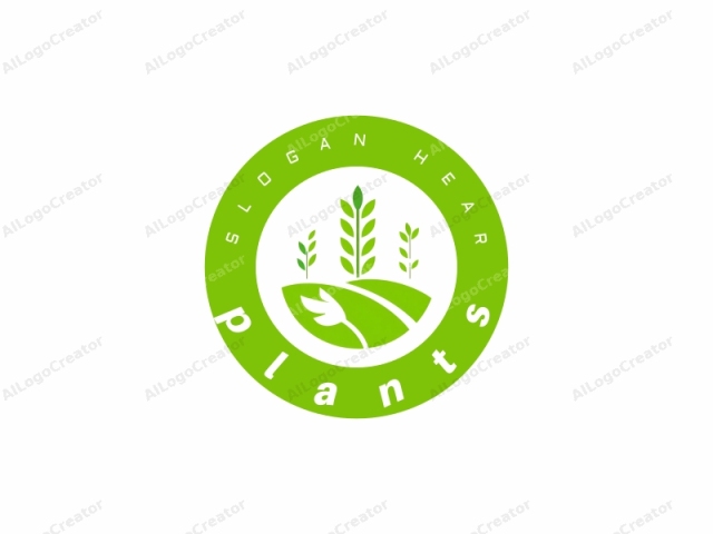 featuring a stylized, minimalist, and abstract depiction of agricultural elements. The logo is centered on a white background, with bold, clean lines and bright green colors dominating the design. It consists of a curved, crescent-shaped emblem representing a field or