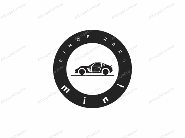 in a minimalist black and white design. This image features a sleek, stylized silhouette of a sports car in profile. The car is depicted in solid black, emphasizing its sleek and aerodynamic design, with smooth lines and curves that define its form.