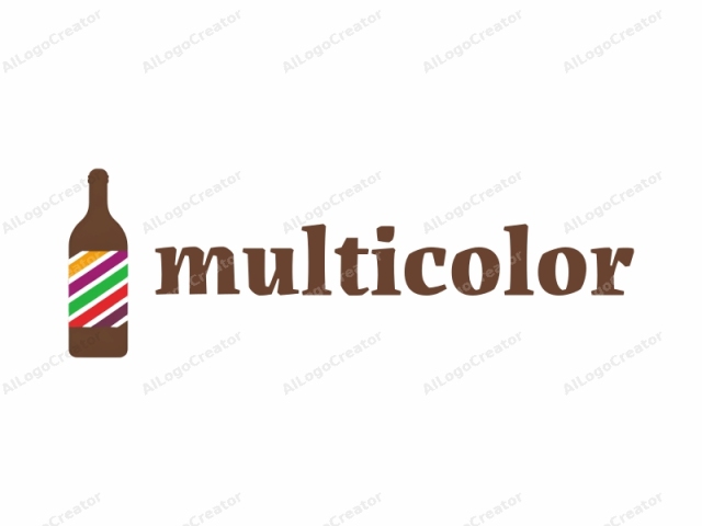 This is a minimalist logo featuring a wine bottle. The bottle is depicted with a dark brown color that represents the glass part, while the neck and the base are also brown. The label of the bottle is adorned with a vibrant diagonal stripe pattern in