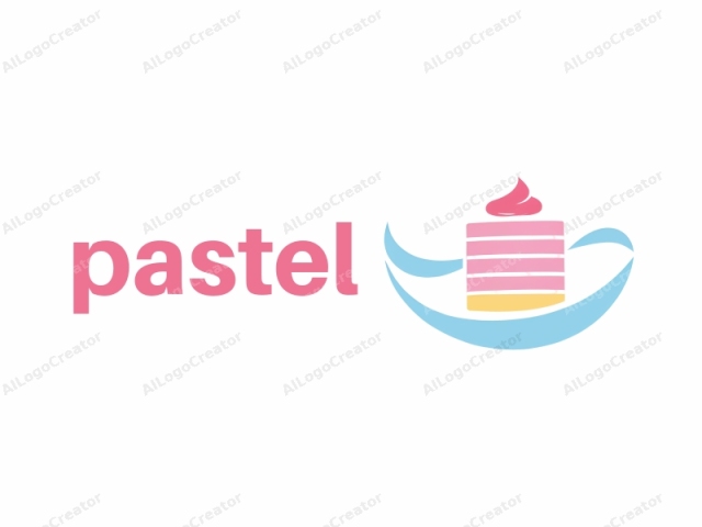 a stylized cake, created with a minimalist design. The cake is represented with five horizontal stripes, each colored differently: the top stripe is a soft pink, the second is light blue, the third is a light pink, the fourth is a