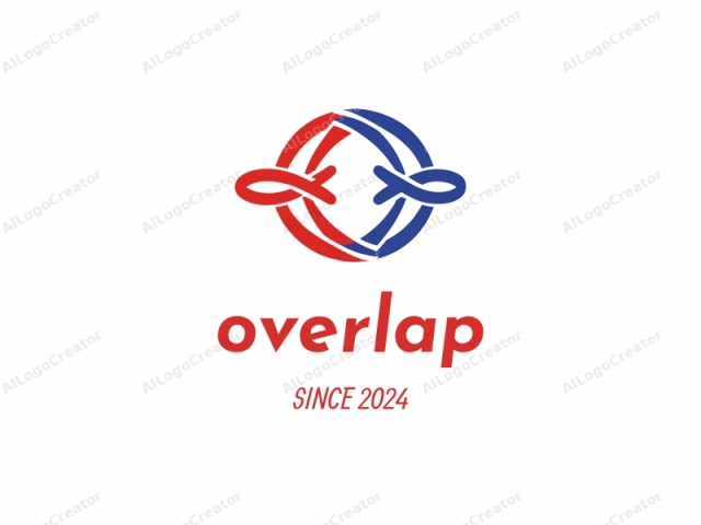 This is a stylized, abstract logo featuring a circular design with two intertwined, interlocking shapes. The logo's circular frame consists of two curved lines, one in red and one in blue, forming a continuous, interlocking loop. The red