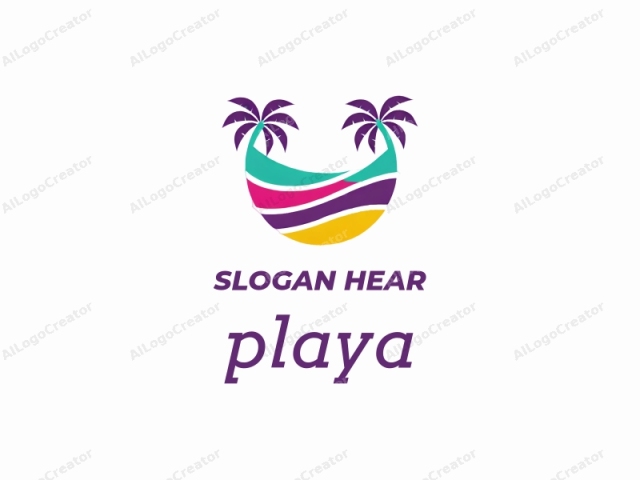 The image is a stylized logo featuring two vibrant purple palm trees with green, yellow, and purple leaves against a white background. The palm trees, symmetrically arranged, are curved towards each other, creating a welcoming and tropical feel. The upper