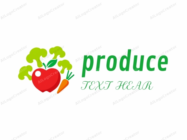 depicting a bright red apple and a vibrant orange carrot, both with green leafy details, set against a clean, white background. The apple is centrally positioned, featuring a glossy sheen and a small green leaf at the top. Surrounding the