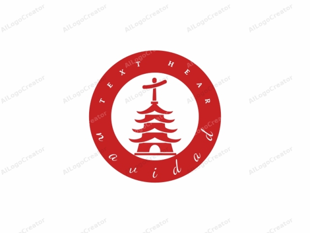 Eine stilisierte, traditionelle japanische Pagode. Das Bild zeigt eine minimalistische rote Silhouette vor einem weißen Hintergrund, die eine vereinfachte Darstellung einer Pagode darstellt. Die Pagode ist durch ihre mehrstöckige Struktur gekennzeichnet, wobei jede Ebene mehrere Dächer aufweist.