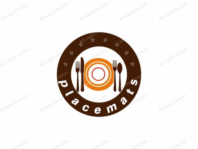 This is a simple, modern logo designed in a flat, vector style. The logo features a stylized depiction of a set of utensils arranged in a symmetrical fashion around a plate. At the center of the plate is a circular pattern consisting