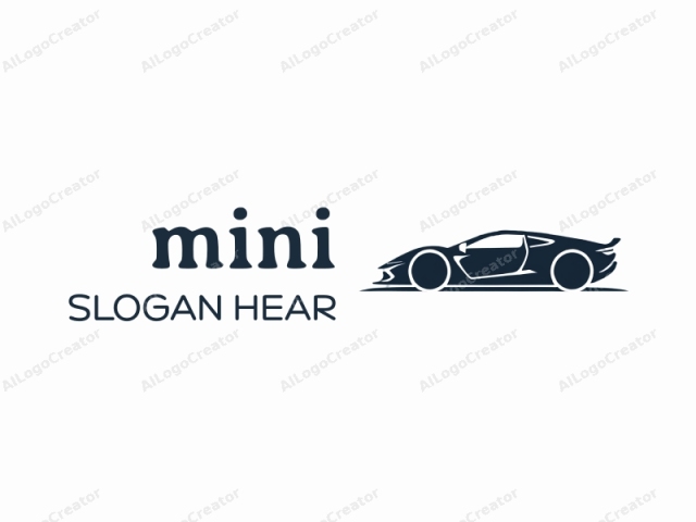 using a minimalist approach. This logo image, depicted in a sleek, modern design, features a stylized representation of a high-performance sports car. The car is illustrated in a dark blue hue, creating a striking contrast against the white background. The