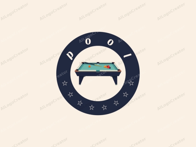 This is a digital illustration of a pool table with a minimalist style, characterized by clean lines and a limited color palette. The pool table is rectangular in shape with a smooth, teal-green surface. It features a dark wooden frame that supports the table