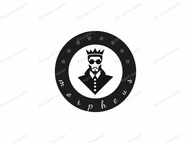 The image is a black-and-white stylized logo featuring a stylized face of a man. The man has a clean-shaven face with a short beard, wearing a crown on top of his head. He sports a pair of dark sunglasses,