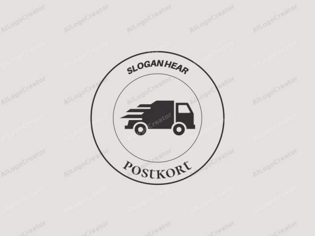 Das Bild ist ein minimalistisches, schwarz-weißes, vektorstilisiertes Logo mit einer stilisierten Illustration eines Lieferwagens. Der LKW ist im Seitenprofil dargestellt, mit einem vereinfachten, kastenförmigen Design. Die Vorder- und Seitenansicht ist dunkel, während die