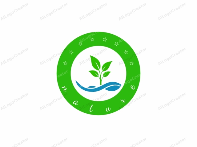 una planta estilizada. Este es un logotipo minimalista que representa una planta joven con dos hojas y un tallo verde delgado. La planta está posicionada centralmente y ligeramente inclinada hacia la derecha, con sus raíces enterradas en una línea abstracta, suave y curva.