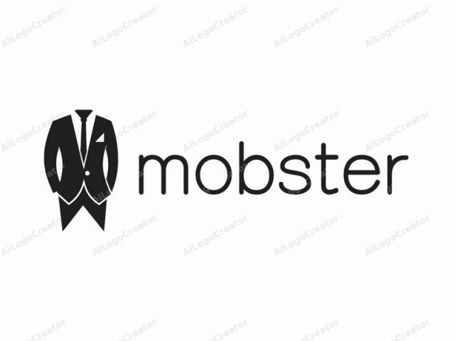 This image is a minimalist black and white logo, depicting a man's suit. The suit is shown frontally, with the torso and legs facing directly towards the viewer. The suit is represented in solid black, creating a monochromatic effect,