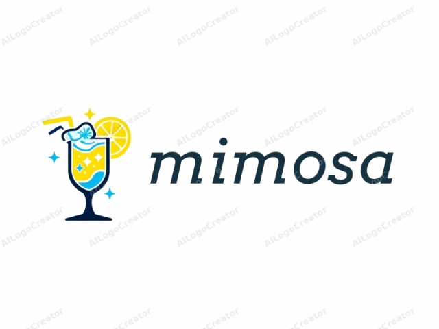 This is a colorful digital logo depicting a stylized drink. The drink, presented in an elegant, tall wine glass, is filled with a vivid yellow liquid, representing a tropical beverage. The glass is outlined in navy blue, giving it a sleek