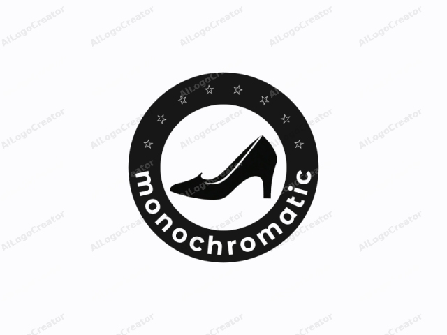 Este logo en blanco y negro presenta un diseño elegante y estilizado de un zapato de tacón alto. El zapato se representa en una silueta minimalista y plana, con líneas afiladas y sin detalles o texturas adicionales. El tacón alto es prominente, extendiéndose ligeramente más allá de