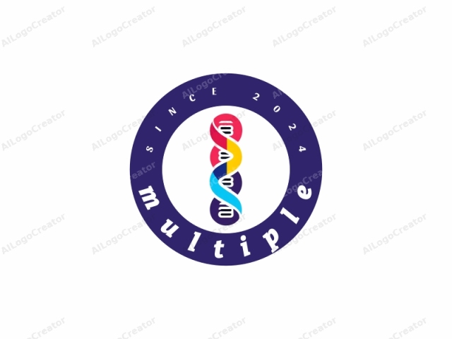 This is a stylized, abstract logo representing a human genetic strand. The design comprises a vertical sequence of five circular rings, each representing a different colored section of the DNA. From top to bottom, the colors are red, yellow, blue,