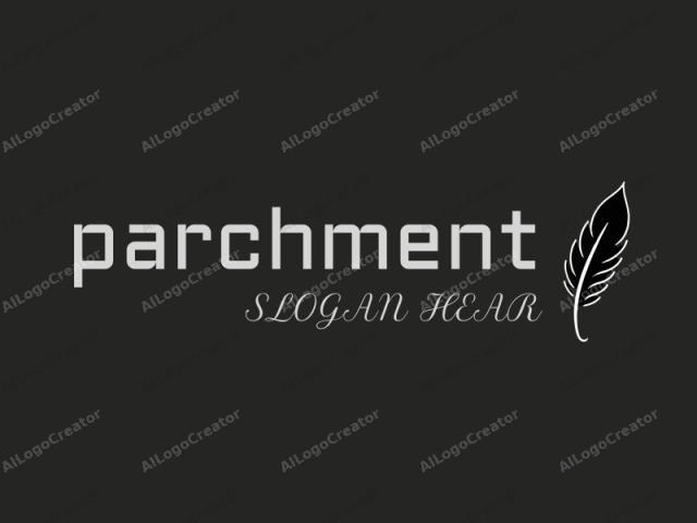 This is a minimalist, monochromatic logo image featuring a stylized feather against a solid dark grey background. The feather, rendered in stark white, stands vertically with the point at the lower right corner of the image. It is depicted with clean