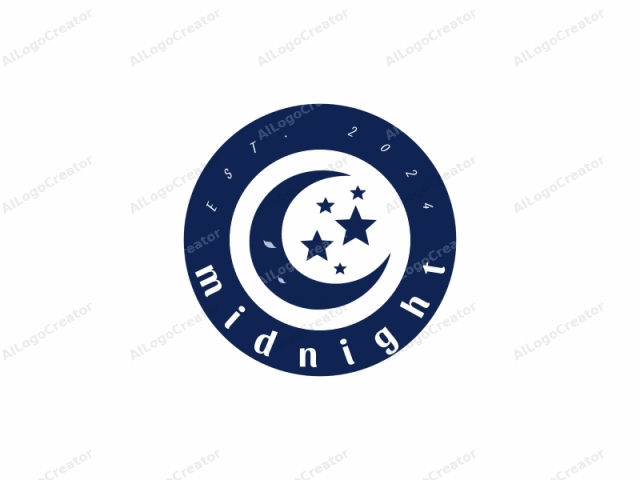 which features a stylized moon and stars against a white background. The moon is depicted in a solid navy blue, with a smooth, rounded shape and a small crescent on the left side, resembling the waxing crescent moon. The stars
