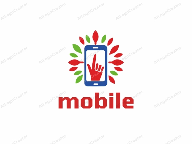 This digital logo is clean and minimalist in design, featuring a prominent smartphone graphic at its center. The smartphone, represented in bright blue, occupies the central focus. Directly in front of the smartphone, a stylized red hand is depicted with its