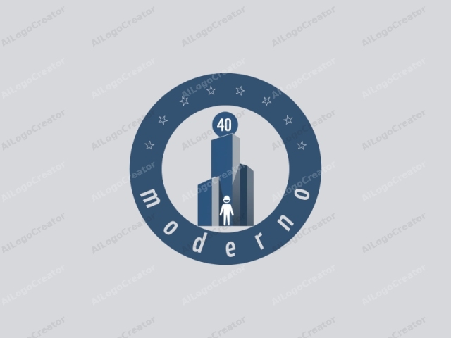 This is a simple, minimalist logo in a flat design style. The logo is centered on a light gray background, which helps highlight the main elements. The main subject is a tall blue building, depicted with geometric shapes and solid colors. At the