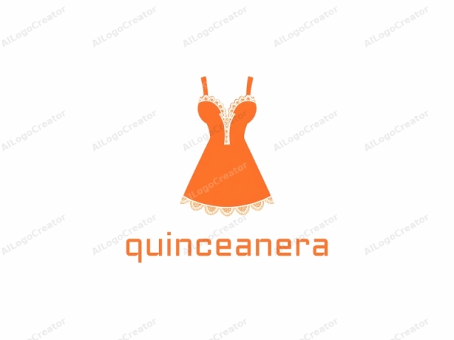 This is a minimalist vector illustration of a woman's dress depicted in bright orange, set against a plain white background. The dress features a fitted bodice with a V-neckline, accentuated by intricate white lace trim that runs along the top edge