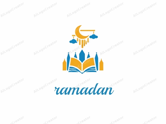 The image is a minimalist vector illustration composed of simple geometric shapes, executed in solid colors. Dominating the center is a stylized book, illustrated with a yellow cover and blue pages. The book stands upright, its pages slightly open, symbolizing