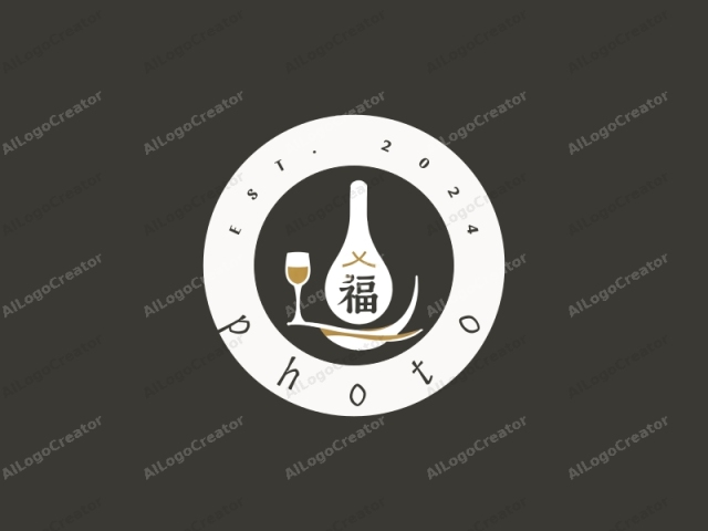 El logo presenta un diseño estilizado y minimalista sobre un fondo sólido marrón oscuro. En el centro hay una ilustración de una botella de vino de porcelana blanca con un cuello corto y ancho y una base ligeramente cónica. La parte superior de la botella está llena de luz