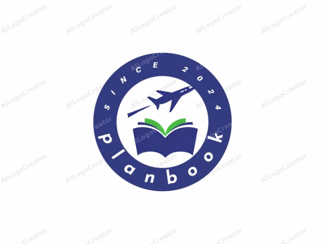 This is a digital, minimalist logo consisting of three main elements: a blue airplane, a green open book, and a white background. The blue airplane is positioned to the right and slightly above the green book, symbolizing travel and education. The