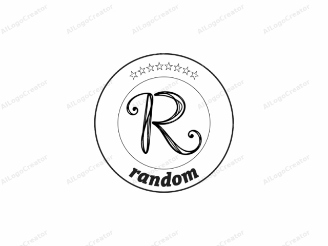 この画像は、真っ白な背景に大胆な黒インクで描かれたスタイライズされた大文字の「R」を特徴としています。文字「R」は流れるようなカリグラフィーデザインで、複雑な渦巻きの線と曲線が特徴です。