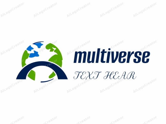 This is a minimalist logo, designed in a flat, digital style with bold colors. The central element is a simplified globe, represented by green and blue shapes that resemble continents and oceans. At the bottom, there is a large, dark blue arch