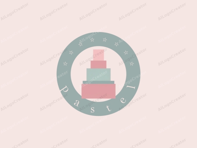 This is a simple, abstract, minimalist logo, featuring a stylized, four-tiered cake. The cake is depicted in a pixelated, blocky style, with each tier represented by a solid color. The top tier is light pink,