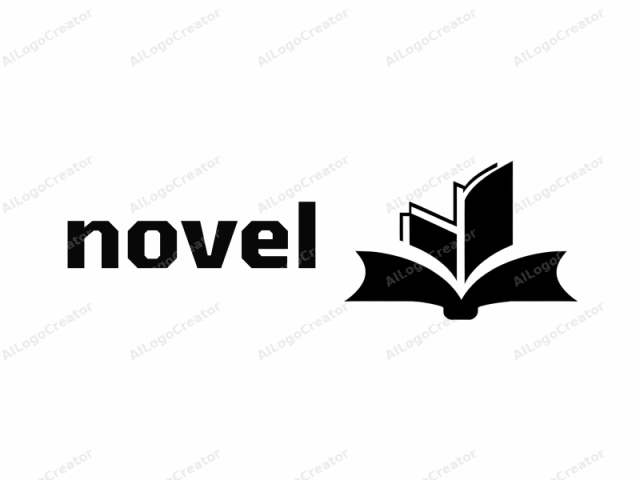 using the given details. The logo is a black and white, digital drawing of a stylized book. The book is depicted from the front, with two open pages standing upright. The left page is slightly tilted to the left, while the right