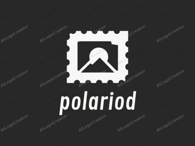 Este es un logo minimalista, creado digitalmente en un esquema de color monocromático que presenta un diseño de sello postal estilizado. El sello tiene una forma rectangular con esquinas redondeadas, colocado sobre un fondo sólido de color gris oscuro. En el centro del sello, hay