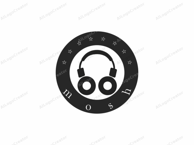 The logo image is a minimalist, black-and-white graphic featuring a pair of over-ear headphones. The headphones are depicted in a simplified, flat design, with thick, solid black outlines and a matte finish. They have a large, round ear