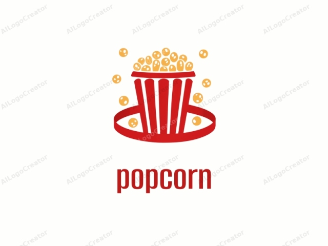 This simple, flat-design logo features a stylized, red popcorn bucket filled with bright yellow popcorn kernels, prominently positioned against a plain white background. The bucket is centrally placed and tilted slightly forward, with its handle wrapped around a curved base at the