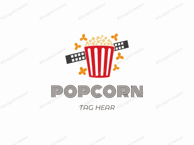 This is a simple digital illustration featuring a red and white striped paper cone filled with popcorn. The cone is centrally positioned with its top pointed slightly toward the viewer. Around the cone, there are scattered small, yellow popcorn kernels. To the left of