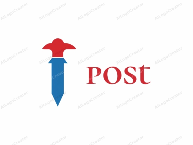 La imagen es un logotipo minimalista que presenta una ilustración simplificada de una herramienta con un diseño geométrico plano. El logotipo consta de dos colores primarios: rojo y azul. La parte central de la herramienta es una forma triangular roja que se asemeja a una cabeza de martillo,