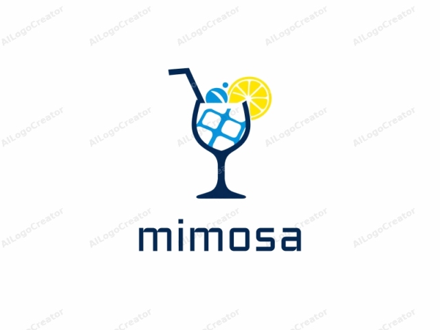 a cocktail glass filled with a drink, featuring a minimalist and modern design. The image, presented in a digital medium, showcases a clear, blue cocktail glass filled with an abstract representation of a tropical drink. The glass has a dark blue outline and