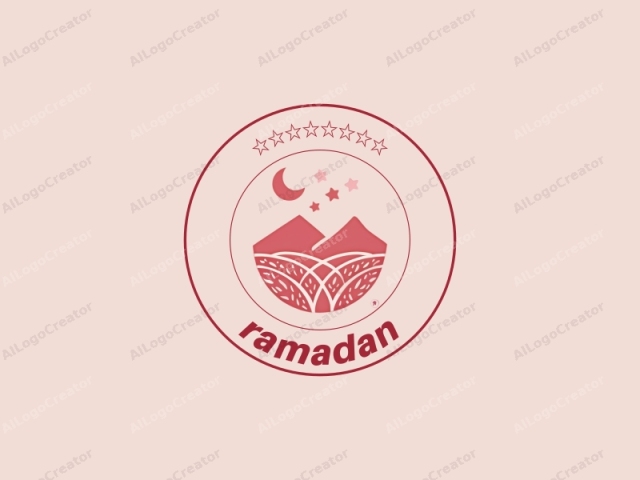 focusing on the visual elements and their descriptions. This image is a minimalist, digital graphic logo depicting a stylized farm with mountains in the background. The overall color scheme is a soft, pastel pink. The mountains, positioned centrally, are depicted