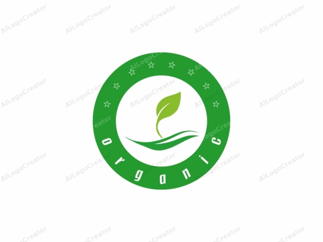 This is a minimalist vector graphic logo featuring an abstract representation of a plant. The main focus of the logo is a single green leaf with a pointed tip and a curved, slightly rounded shape. The leaf, which occupies the upper central portion of the