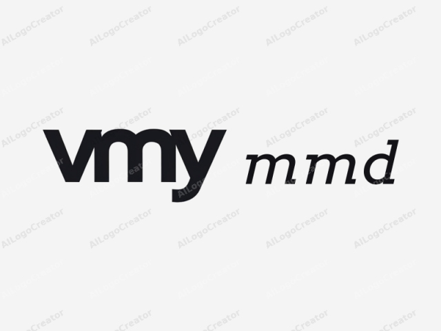 この画像は、ブランド名「VMY」を特徴とするミニマリストでデジタル作成されたロゴです。ロゴは白い背景の中央に配置されています。テキストはボールドなサンセリフフォントで書かれており、文字「V」、「M」、「Y」が使用されています。