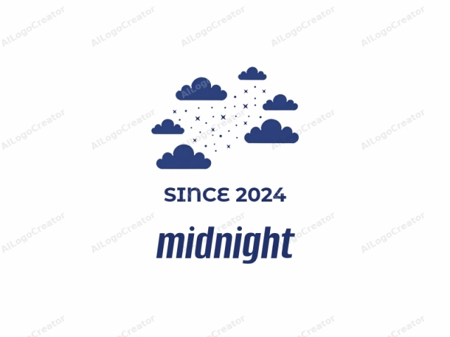 This is a minimalist vector illustration in a digital medium, characterized by clean lines and bold, solid colors. The main subject is a group of dark blue, stylized clouds scattered across the image. Each cloud is depicted as a simple, circular shape