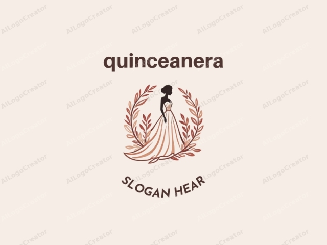 a minimalist illustration featuring a stylized silhouette of a woman in a wedding gown against a pale beige background. The figure stands centrally within a laurel wreath, symbolizing marriage and achievement. The silhouette is in a dark brown tone, contrasting stark