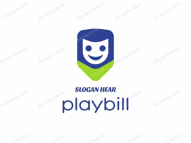 featuring a stylized face with minimalistic, cartoon-like features. The face is depicted in the upper left corner of a white background. It is enclosed within a shield-shaped design with a blue base and white top. The face consists of two small