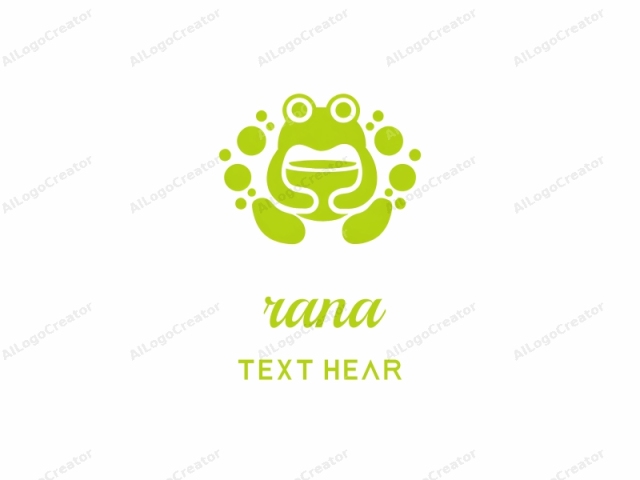 This is a minimalist, stylized digital logo featuring a whimsical frog design. The main subject is a bright green frog with large, round eyes and a simple, oval-shaped body. The frog's eyes, positioned on its head just above its