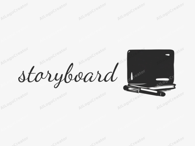 The image is a digital drawing in a minimalist, monochrome style. It features a stylized representation of a notebook and a pen, both depicted in a bold black color against a stark white background. The notebook occupies the central position, with its