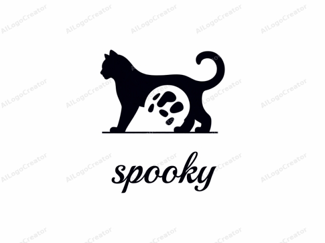 a minimalistic, black silhouette illustration. This logo is created in a digital medium, characterized by clean lines and stark contrasts. The central subject is a cat, depicted in profile view, facing left. The cat is shown in a sleek, styl