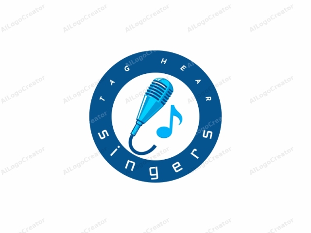 The image is a minimalist, stylized drawing of a blue microphone with a curved, metallic body and a white, circular base. The microphone's design is sleek and modern, with a few subtle highlights indicating light reflections on its surface. Attached to