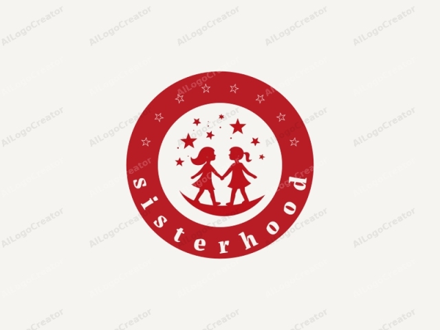 The logo is a simple, minimalist design with a clean, modern style. The primary color used is a solid red, which stands out vividly against the white background. The central focus is two stylized, silhouette figures of young children holding hands